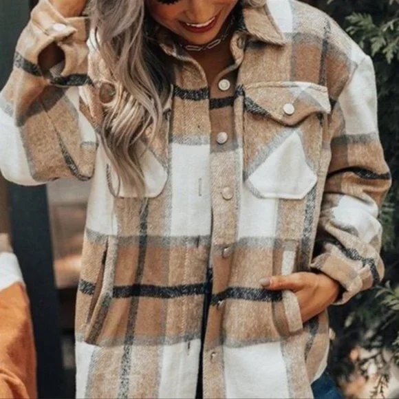 Plaid Flannel Button Shirt Jacket Shacket New Tan Oversized Pockets Wool NEW - Picture 7 of 7
